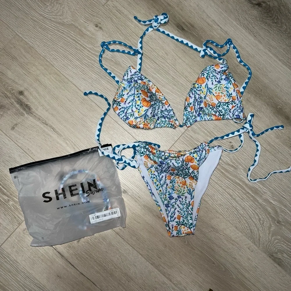 NWT SHEIN blue white and orange 2 piece bikini small - Picture 4 of 6